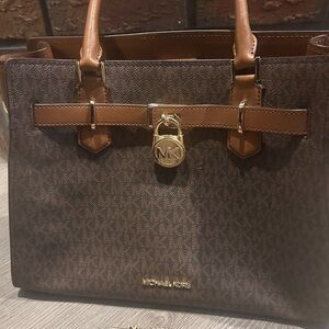 Michael Kors Brown and Tan Logo Lock Tote